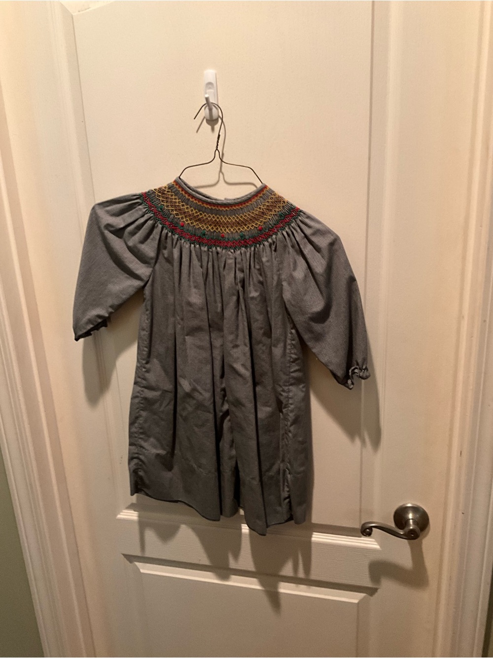 Girls Gray Smocked Yoke Dress with Multicolor Embroidery